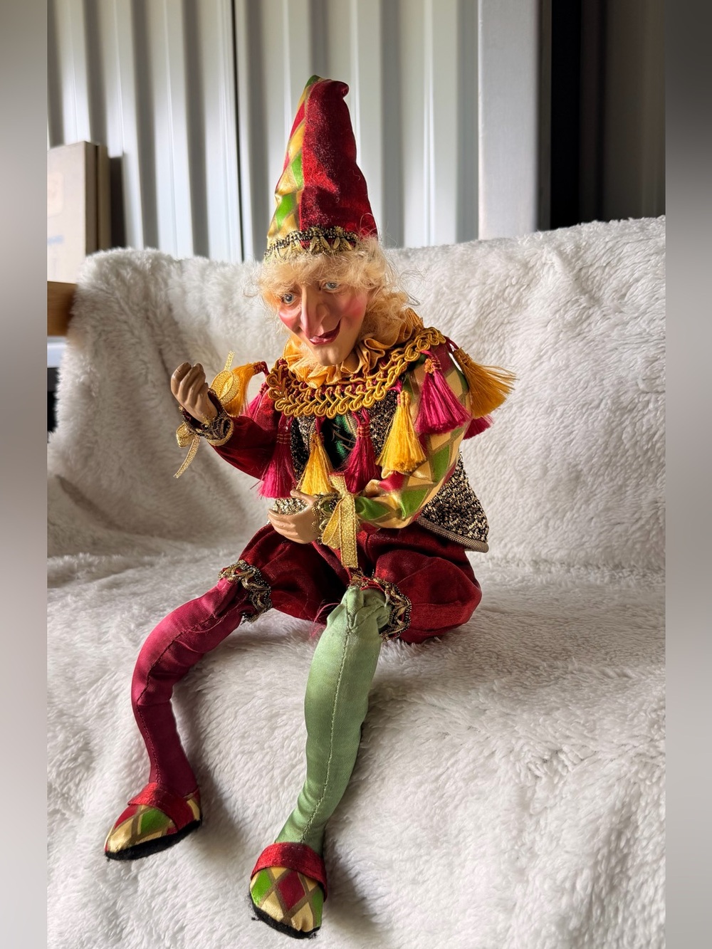 Vintage Christmas Jester Doll Handmade Fabric Harlequin Clown Figure Unique Coll - Picture 2 of 4